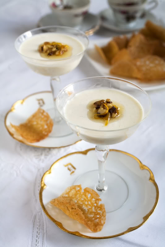 Walnut Orange Honey Drizzled Panna Cotta with Translucent Maple Tules